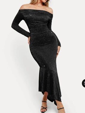 Shapewear Metallic Knit Long Sleeve Slim Mermaid Maxi Dress
